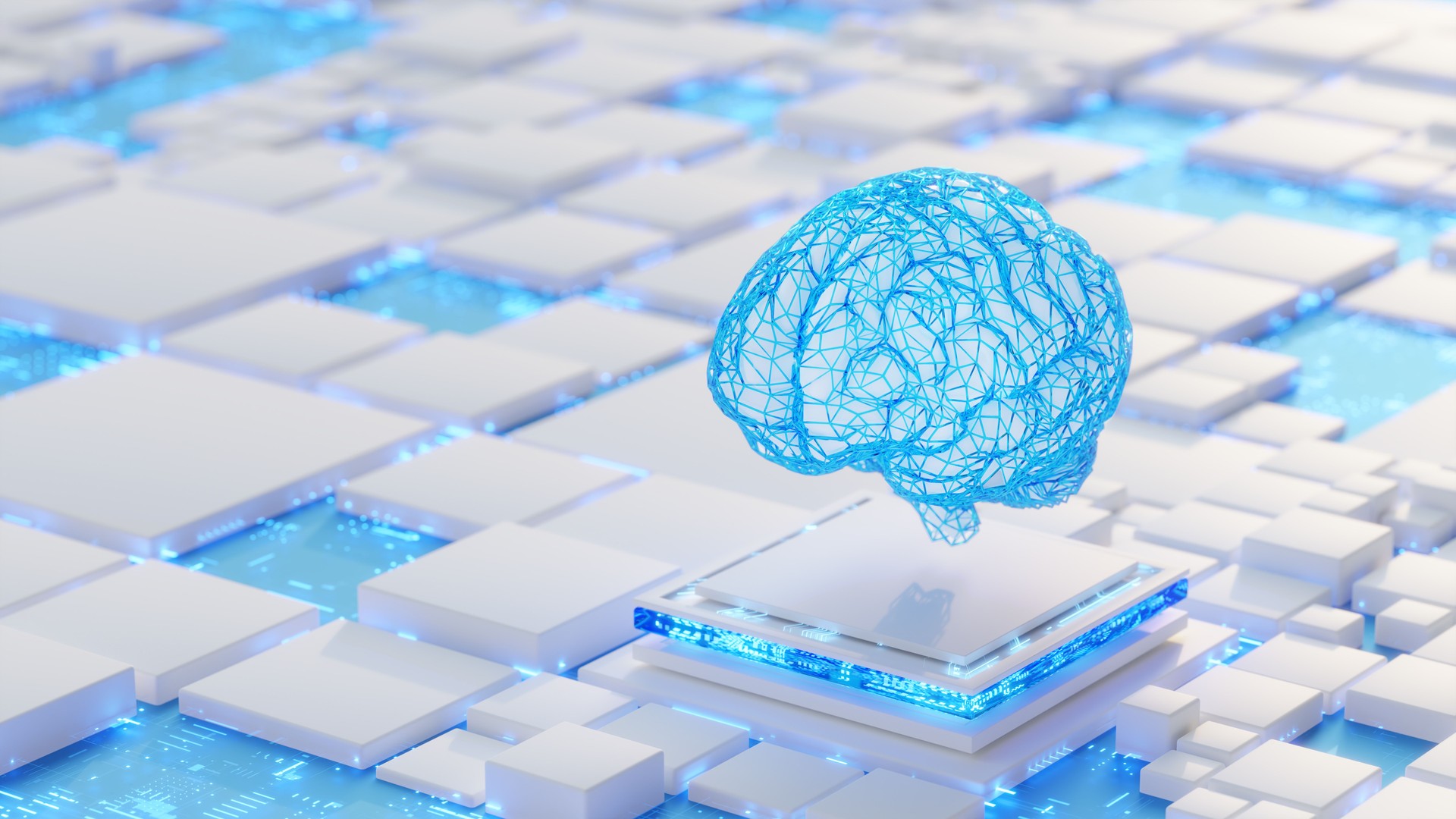 Artificial Intelligence concept. Human low polygonal brain model. 3D icon over the abstract computer chip, computer network.